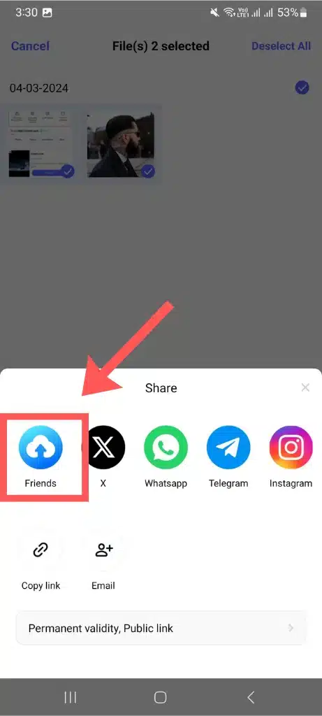 select the share option of terabox friends