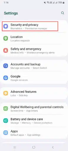 Security and Privacy settings in android device