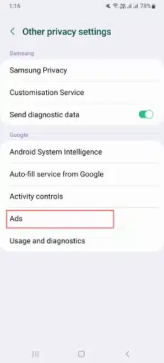 Ads option in Other Privacy Settings
