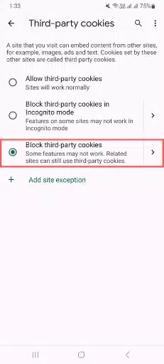 Block third-party cookies in chrome settings