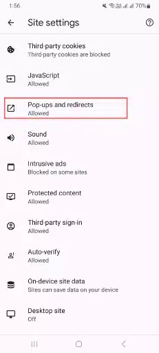 Pop-ups and redirects in chrome settings