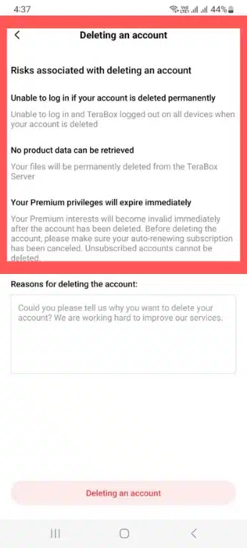 Precautions before delete a Terabox account 