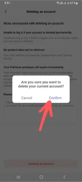 Confirm button to delete a terabox account